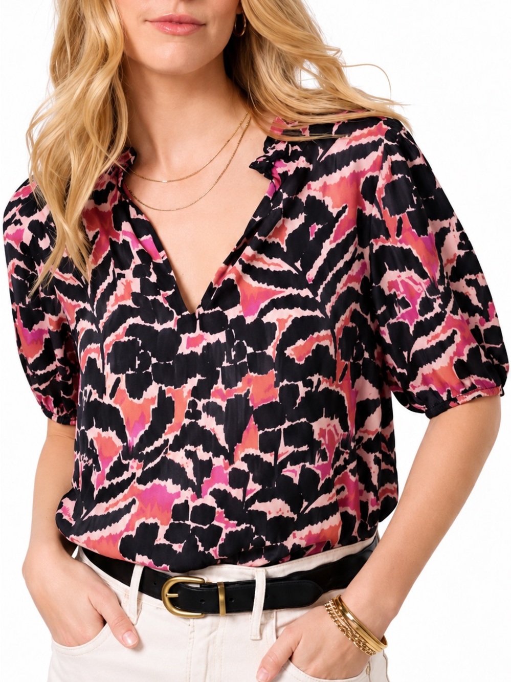 Evereve Morgan Floral Ruffle Neck Puff Sleeve Top Casual Office Boho Size S